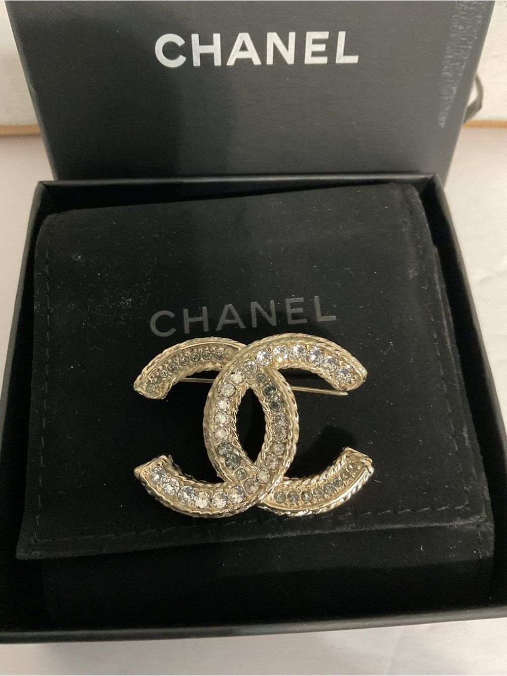 CHANEL Gold Tone Crystal CC Logo Brooch Vintage